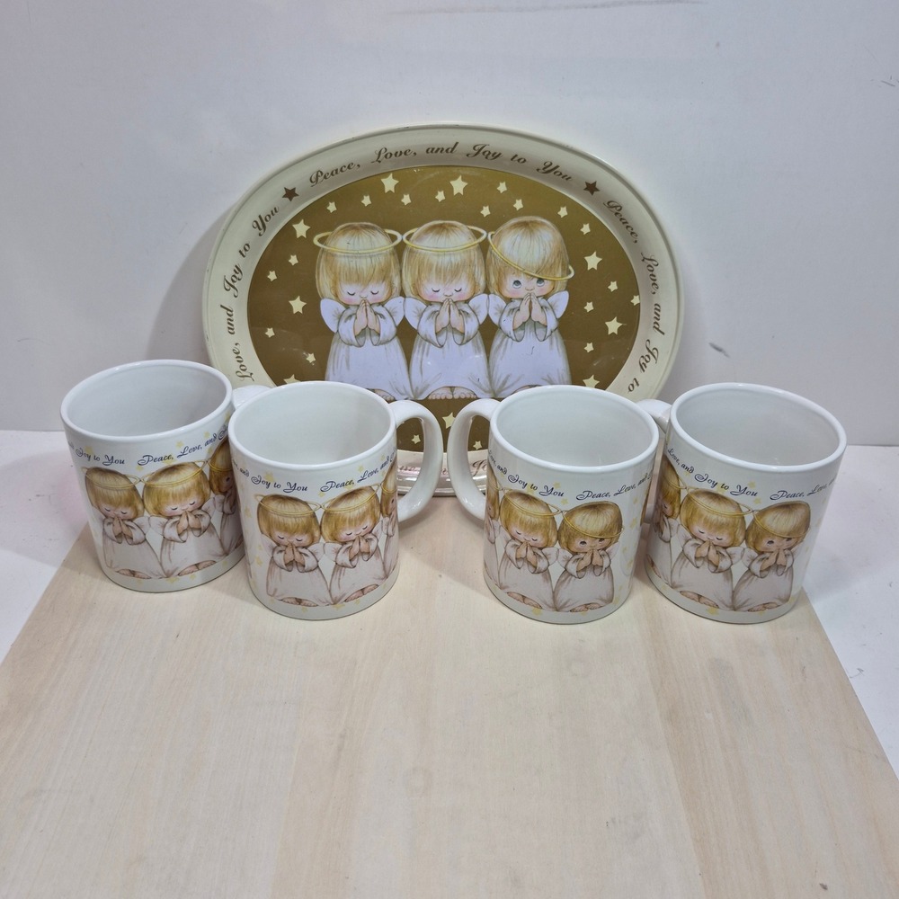 Hallmark Houston Harvest Praying Angels Mugs and Tin Tray Set 5pc Peace Love Joy